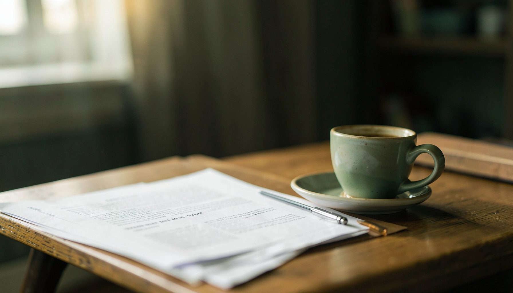 A softly lit desk with papers and a warm cup of coffee, in muted greens and warm wood tones
