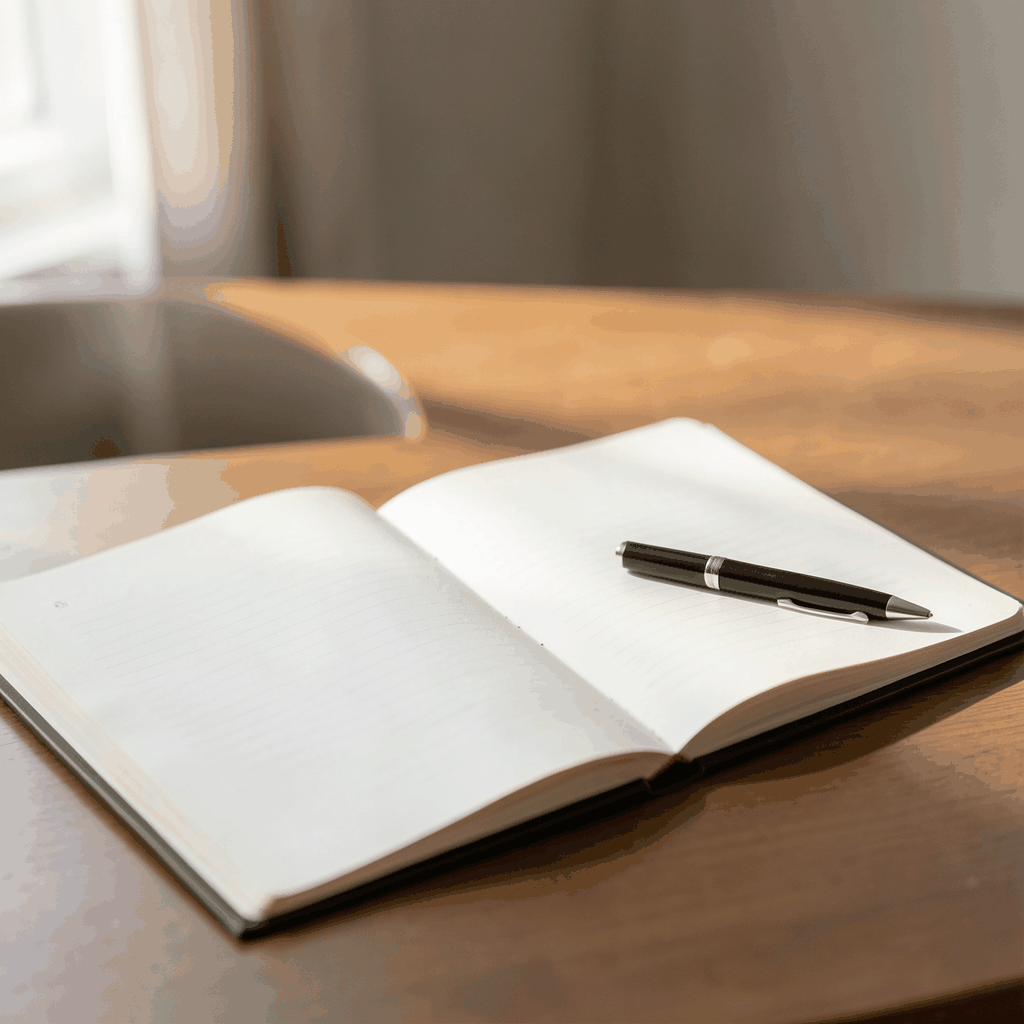 A warmly lit desk with an open notebook and a pen, soft neutral tones suggesting thoughtful correspondence