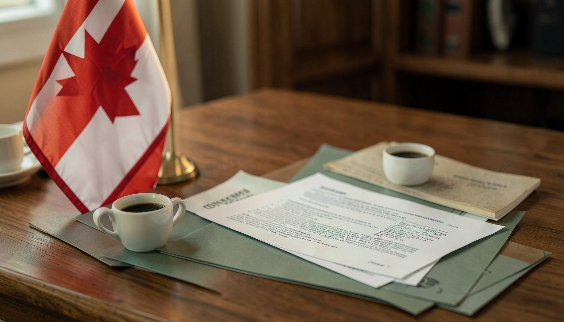 A softly lit desk with a Canadian flag, a cup of coffee, and government forms in muted greens and warm wood tones
