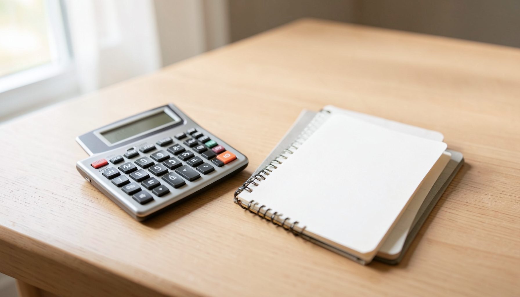 A calculator and a notepad on a light wooden desk, with soft natural light from a window, warm neutral tones