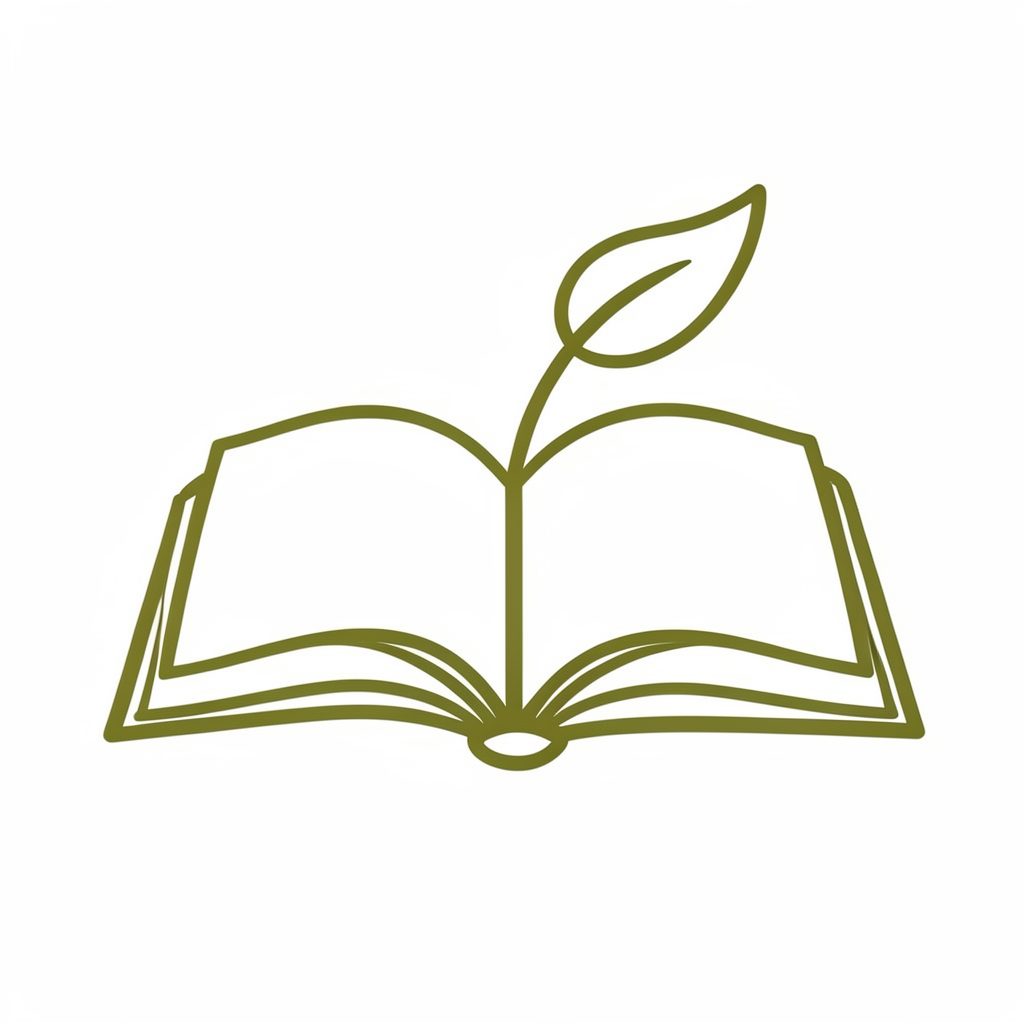 A simple line-art illustration of an open book with a leaf sprouting from its pages, in olive green