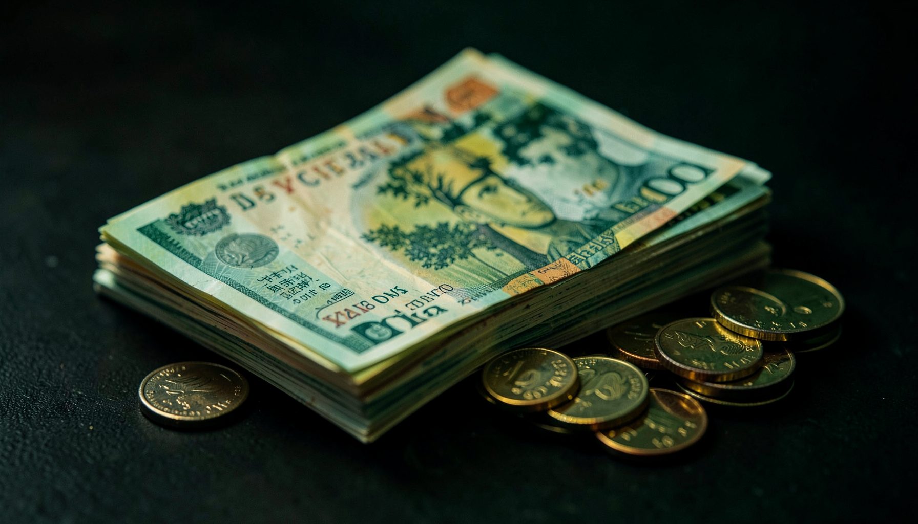 A stack of Canadian currency notes and coins on a dark surface, moody lighting, deep greens and golds