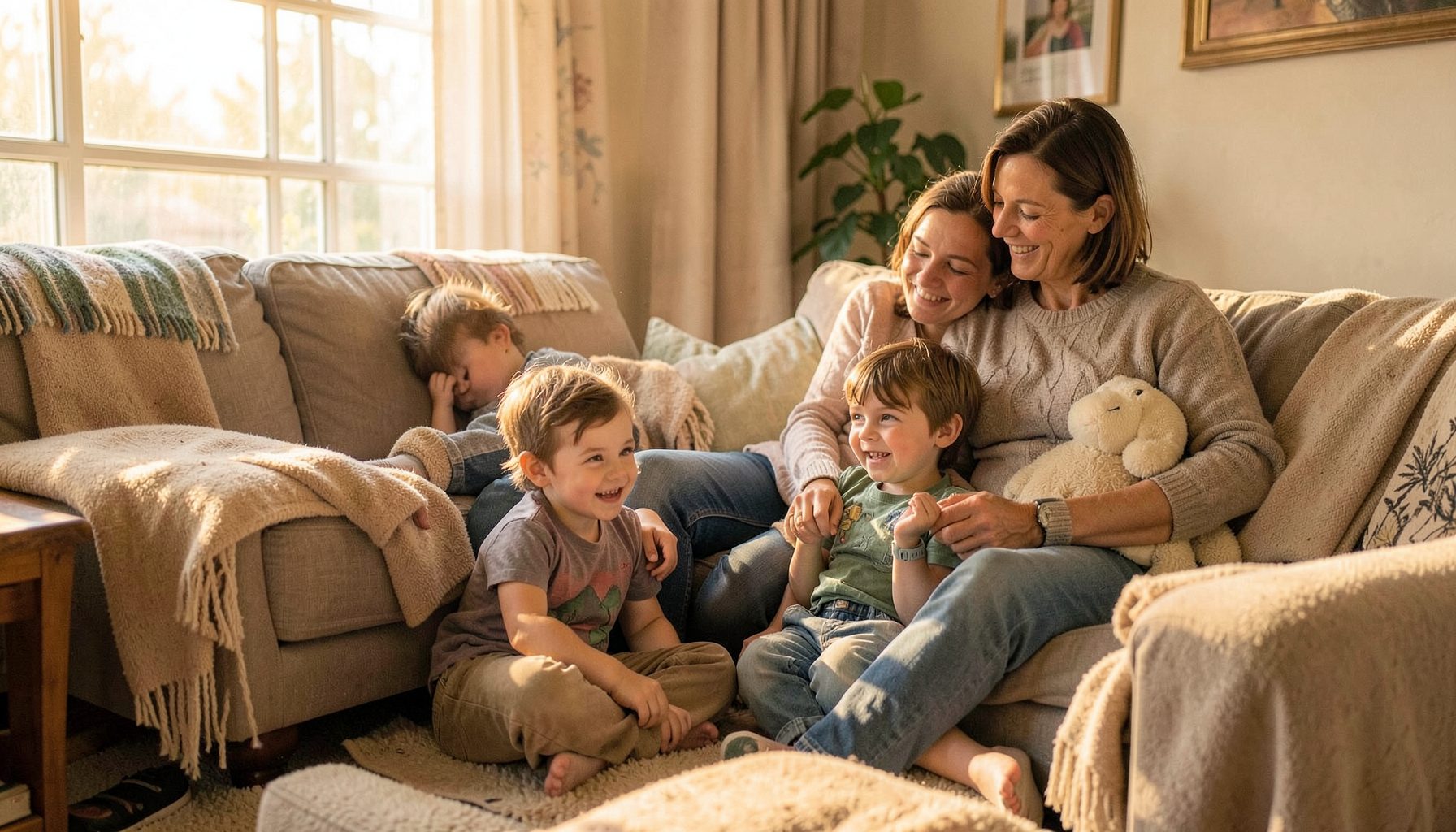 A family with young children in a cozy living room, warm afternoon light, relaxed and secure atmosphere