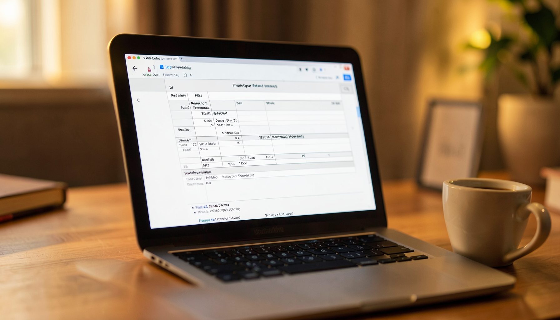 A laptop screen showing a tax form, coffee cup nearby, home office setting with warm ambient light