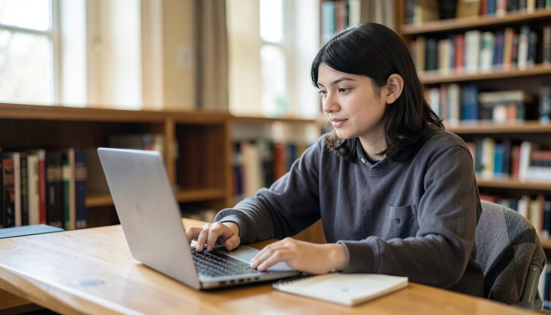 A student sitting at a library table with a laptop and notebook, soft natural light, calm academic atmosphere