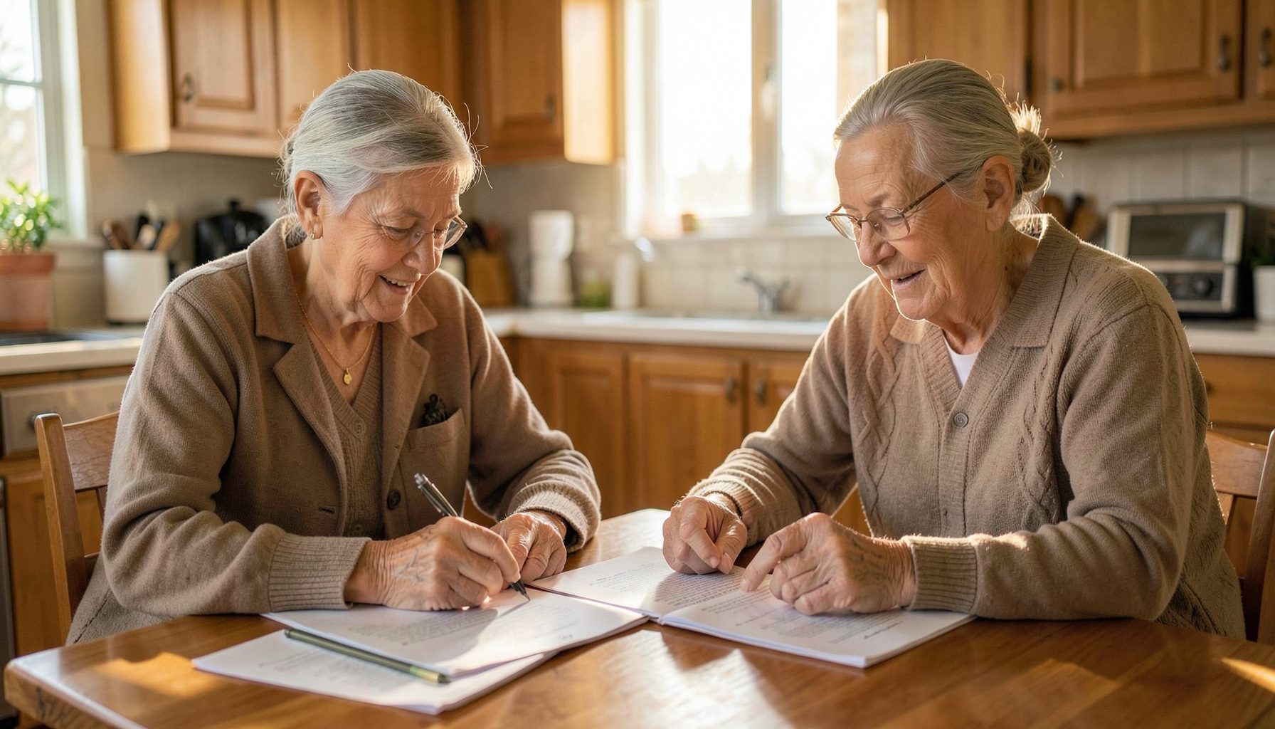 A senior couple reviewing papers at a kitchen table, warm afternoon light, calm and reassuring atmosphere