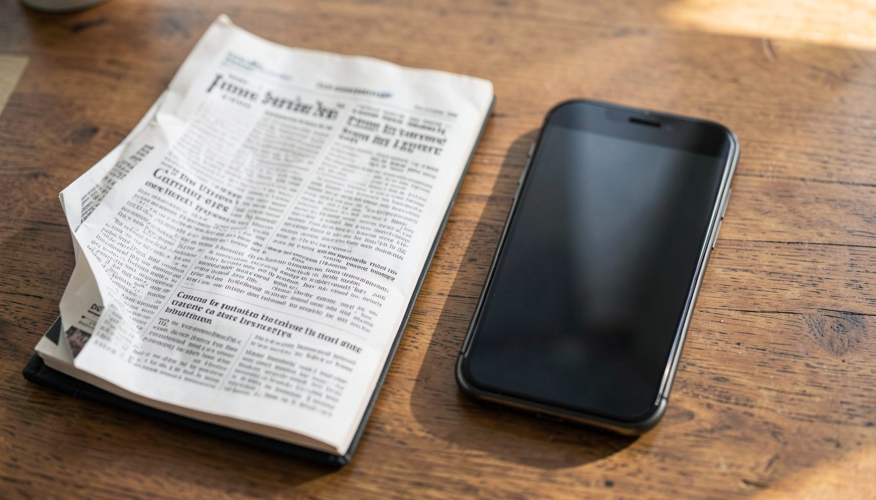 A newspaper and a smartphone side by side on a wooden table, with soft morning light