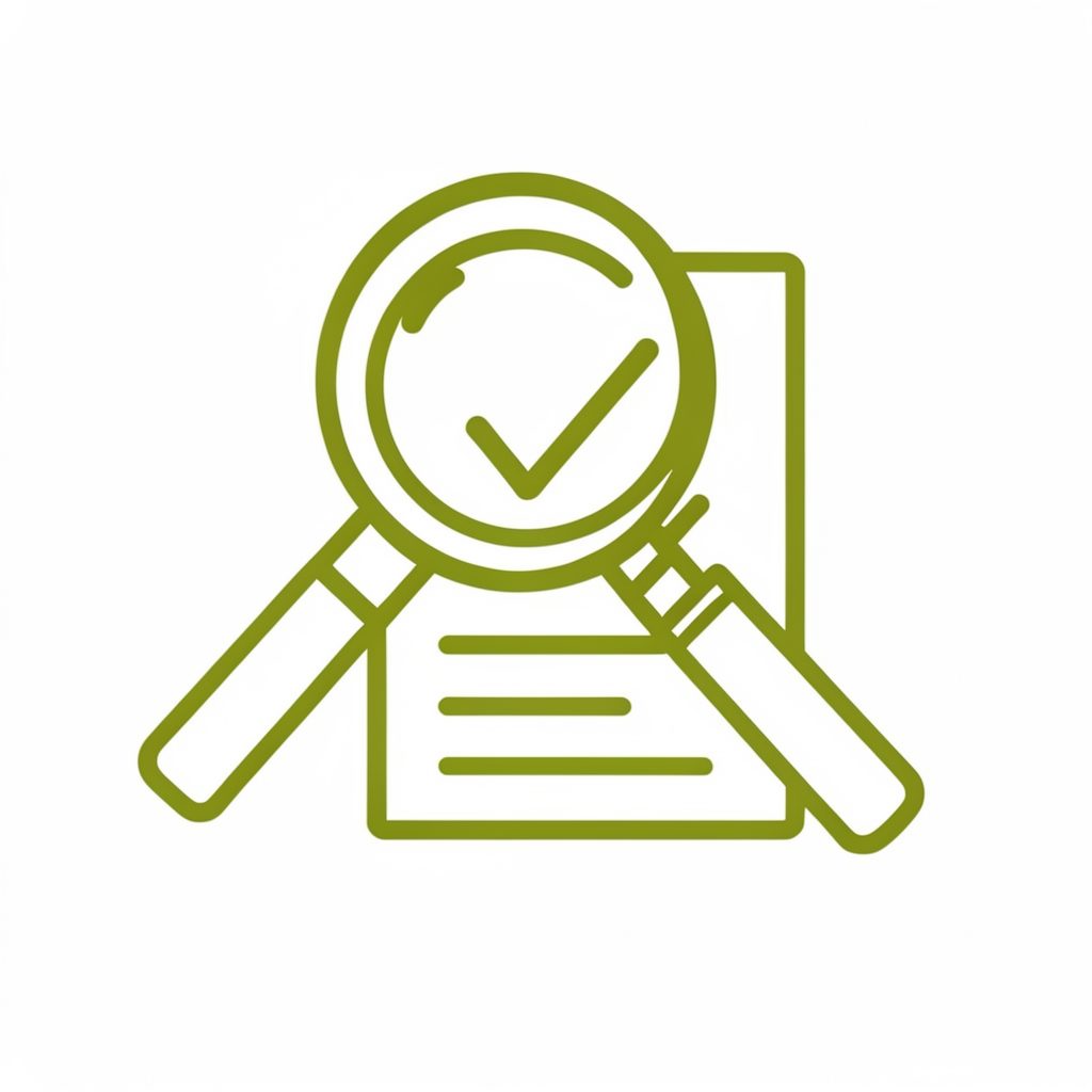 A simple line-art illustration of a magnifying glass over a document with a checkmark, in olive green