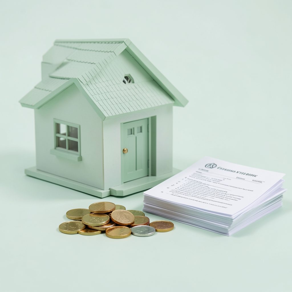A calm illustration of a house, coins, and a document stack in soft green and white tones