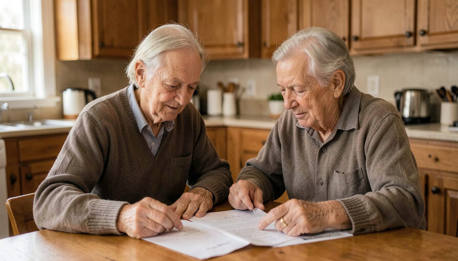 An elderly couple at a kitchen table reviewing papers, warm domestic lighting, calm and hopeful mood